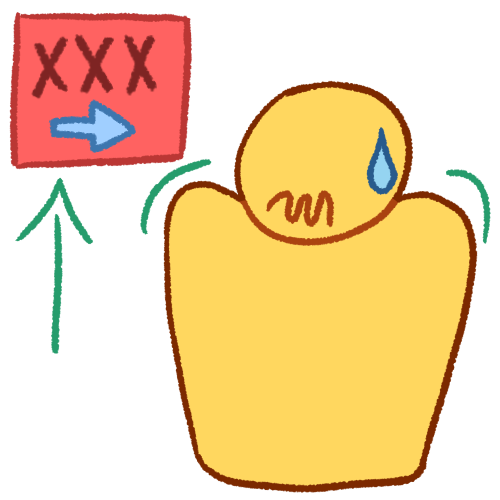 a drawing of a plain yellow person looking uncomfortable, with their shoulders raised, their mouth in a squiggly line, and a sweat droplet on their head. next to them is a pink square containing three X's with a light blue arrow below them with a green arrow pointing to it.